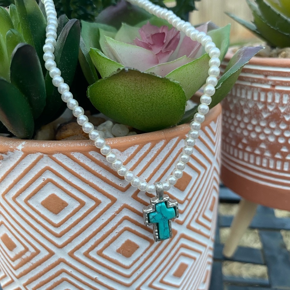 Elegant Pearl Necklace with Turquoise Cross Pendant